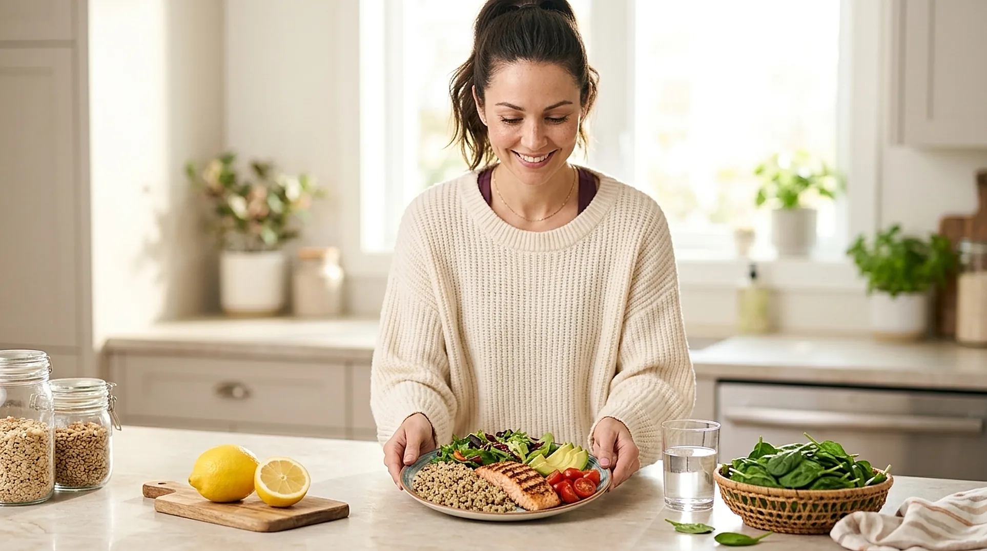Mia with a balanced plate of salmon, quinoa and salad