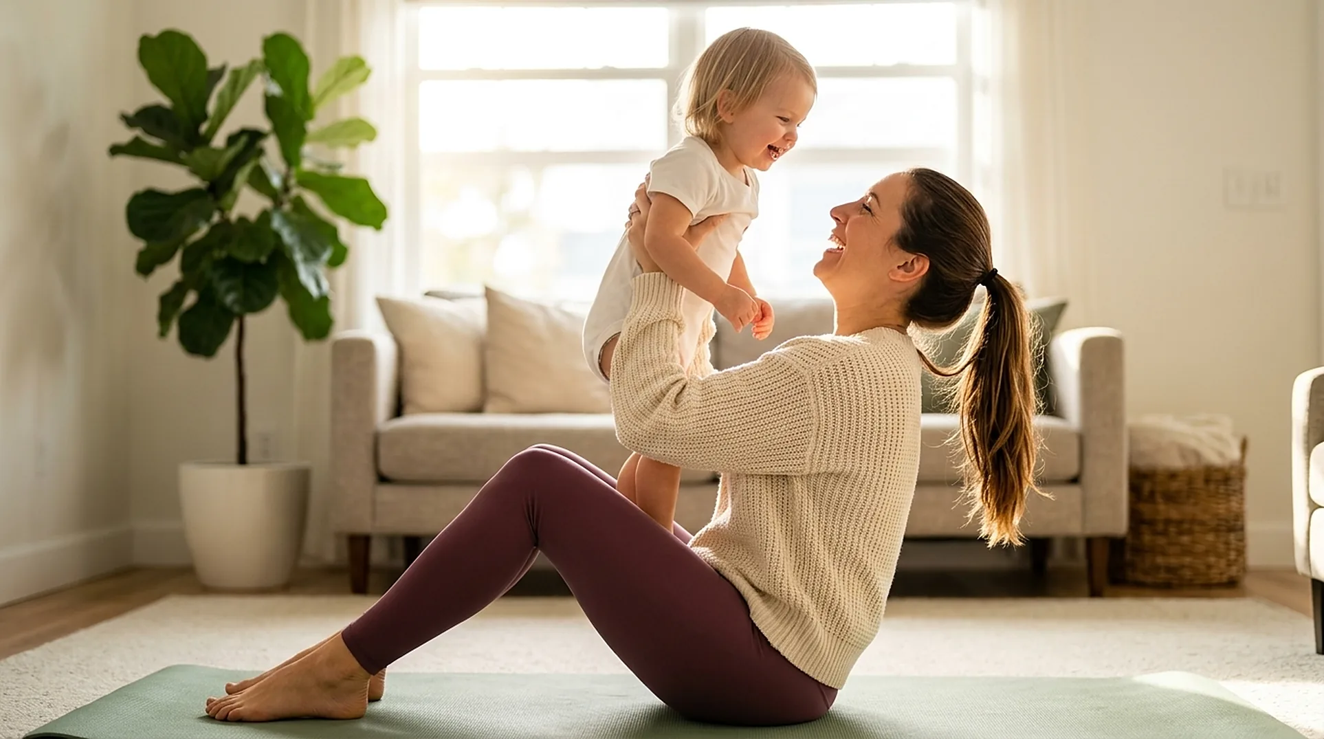 Mia on her yoga mat, laughing and lifting her toddler
